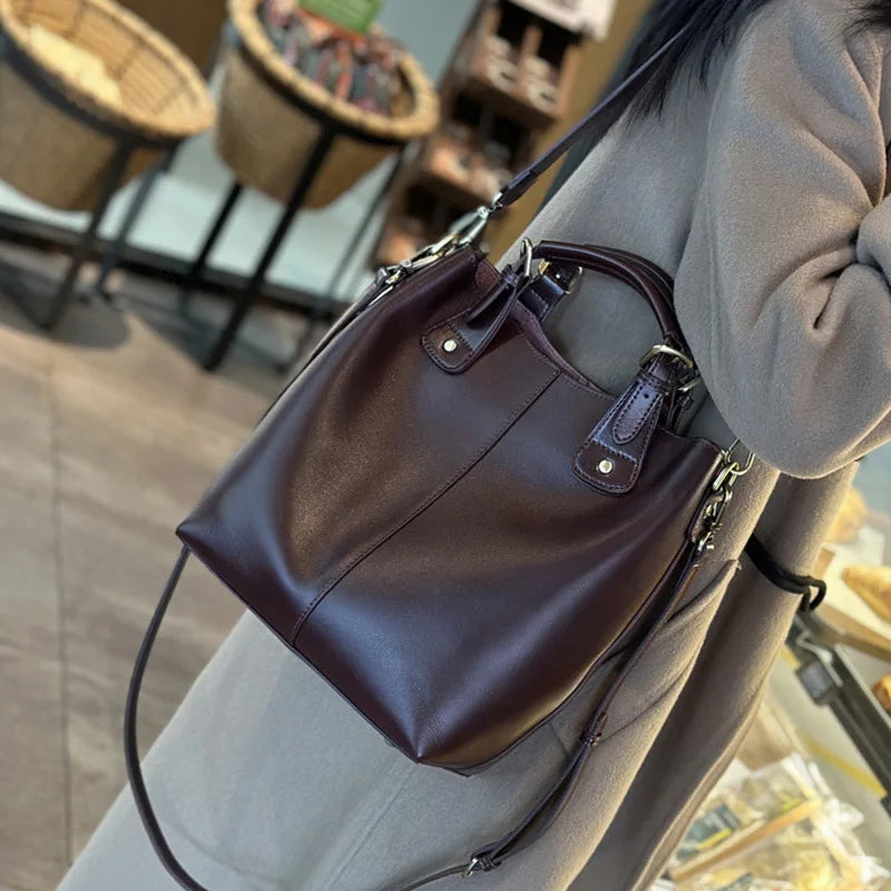 2025 New Fashion Vintage Large Handbag Women Soft Leather Bucket Bag Shoulder Crossbody Tote Spring Summer