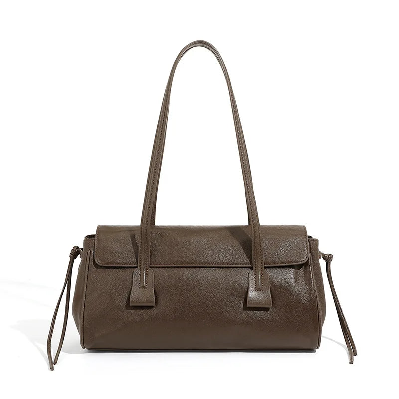 Cowhide Shoulder Bag Women's Genuine Leather Handbag Vegetable Tanned Baguette Ladies Underarm Pillow Bag