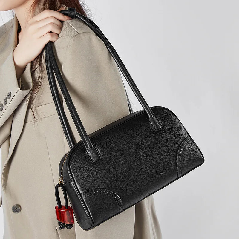 Women Genuine Leather Handbag Large Capacity Shoulder Underarm Bag Vintage Bowling Bag for Daily Use