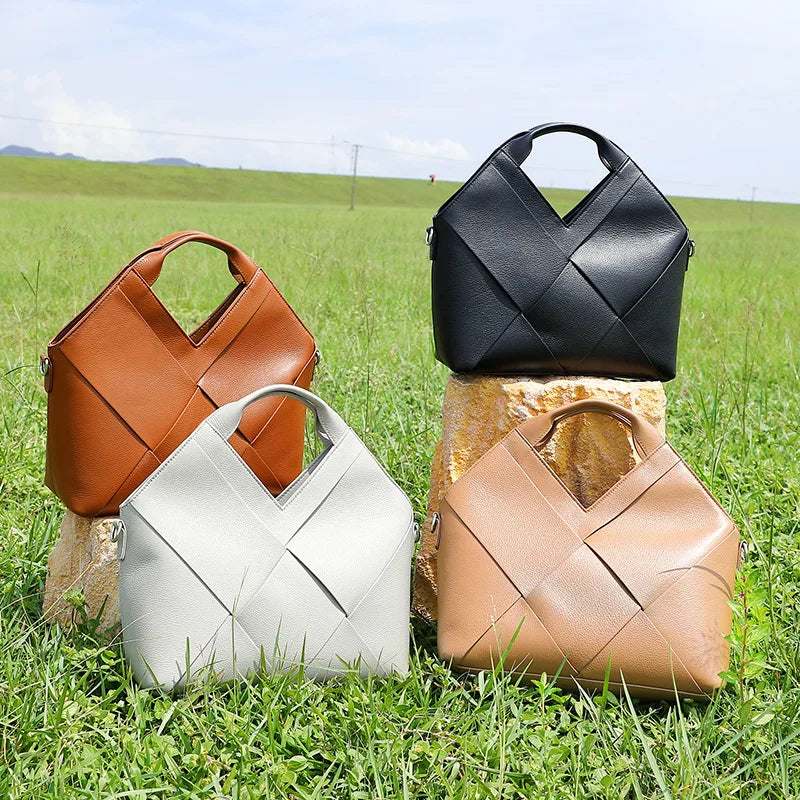 Braided Handbag Women Top-Handle Bags Genuine Leather Soft Leather Handbag Inverted Triangle Design Fashionable Crossbody Bag