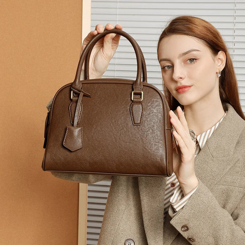 New Genuine Leather Minimalist Boston Bowling Bag Large Capacity Handbag Pillow Bag for Women