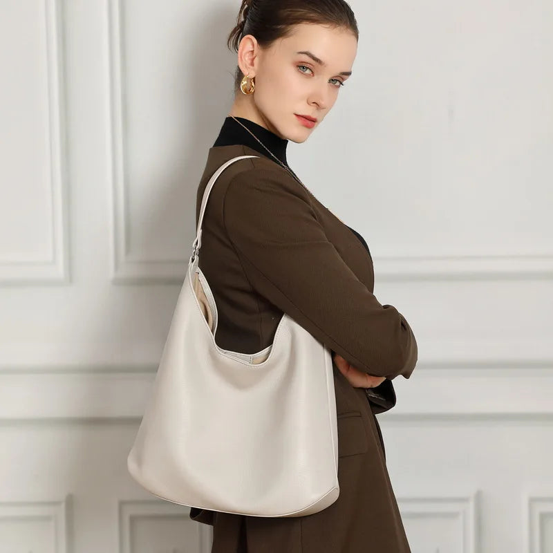 Women Leather Tote Bag Crossbody Shoulder Bag Minimalist Large Capacity Bucket Work Bag