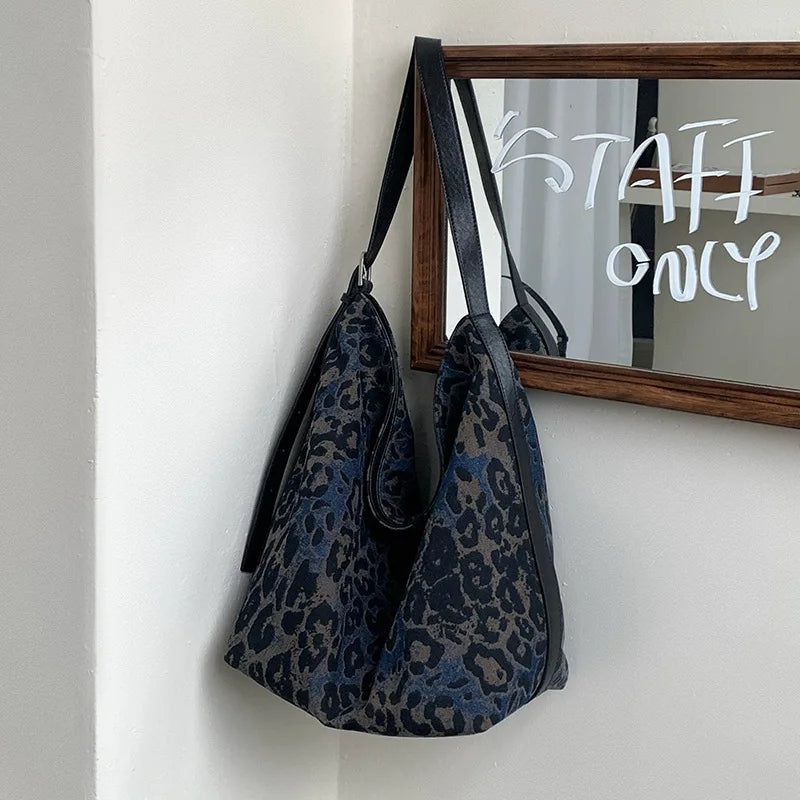 Black Leopard Print Bucket Bag for Women 2025 New Soft Denim Tote Large Capacity Shoulder Bag