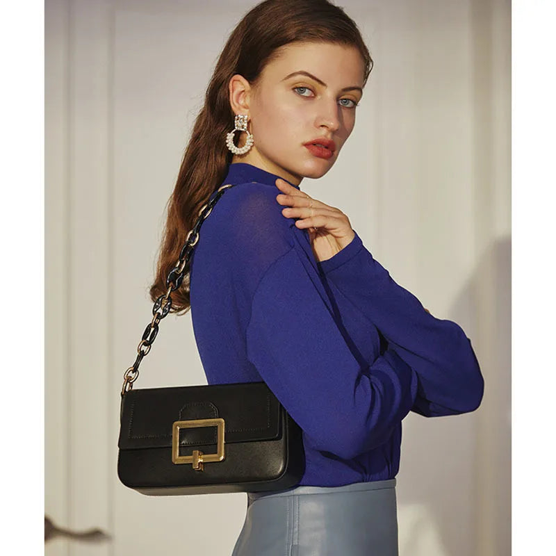 2025 New Spring Summer French Style Niche Design Genuine Leather Shoulder Crossbody Small Square Chain Underarm Bag