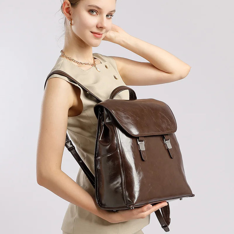 Genuine Leather Unisex Casual Handbag Fashion Simple Large Capacity Business Travel Laptop Backpack Women Bag