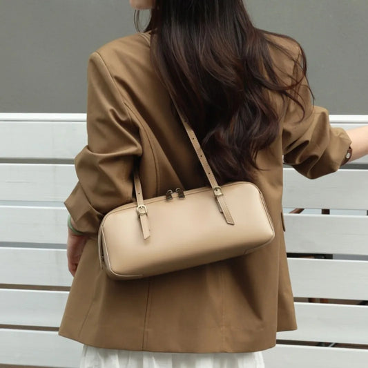 Genuine Leather Women Small Niche Vegetable Tanned Bowling Bag Simple Fashion Shoulder Crossbody Handbag