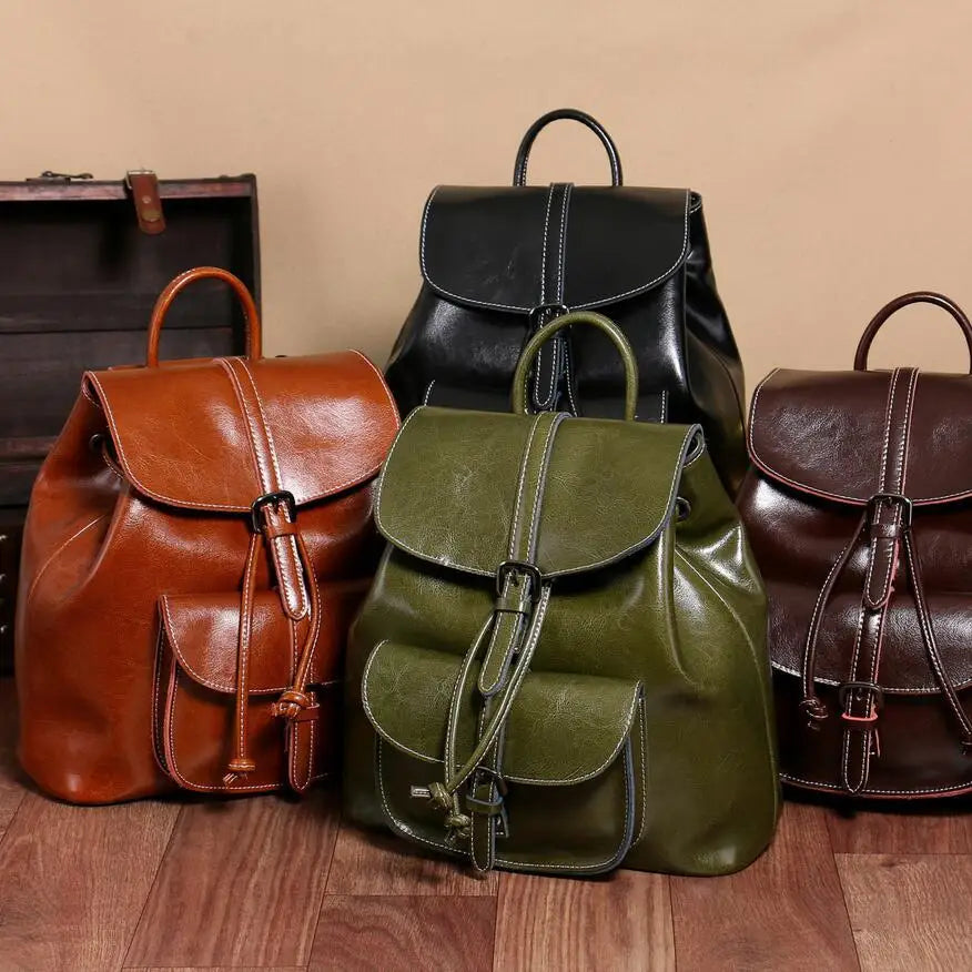 2025 New Street Style Genuine Leather Solid Color Backpack for Women with Stitching Design