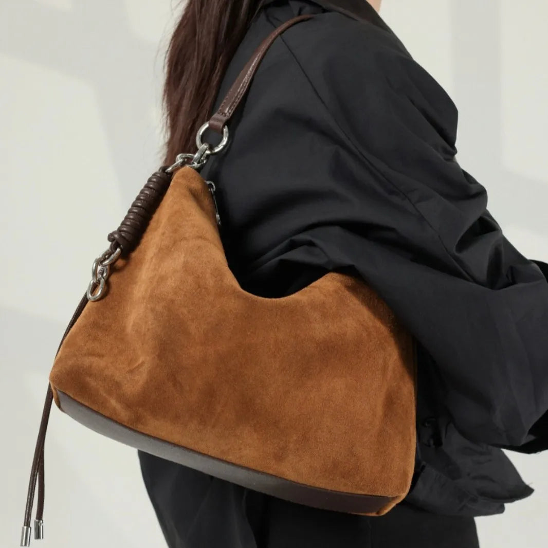 Genuine Leather Underarm Bag for Women 2025 Autumn Soft Suede Cowhide Shoulder Handbag Large Capacity Crossbody Bag