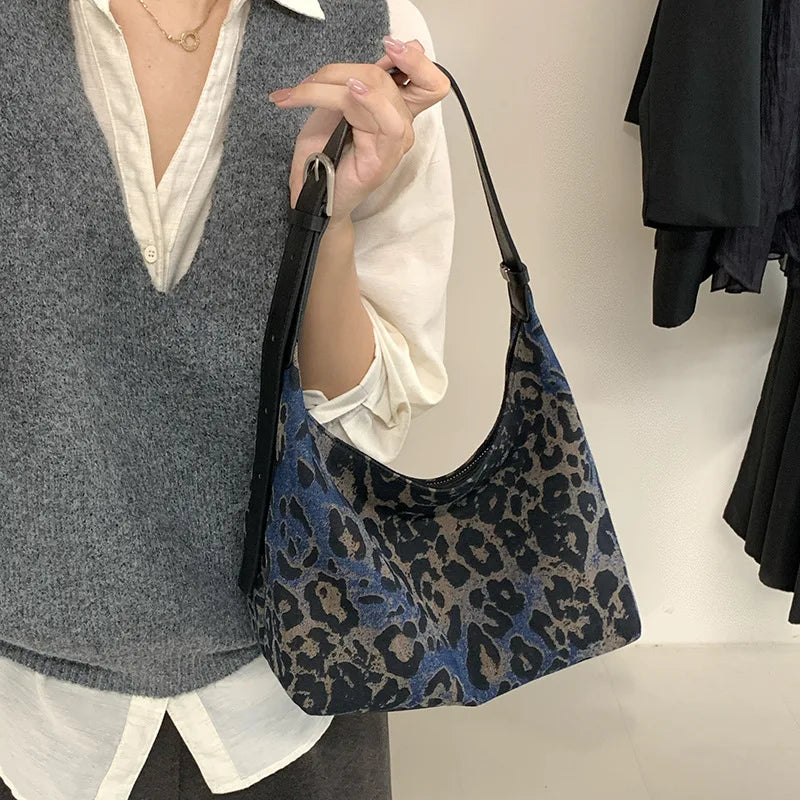 Denim Leopard Print Hobo Bag 2025 New Casual Crossbody Dumpling Shoulder Handbag Fashion Work Tote