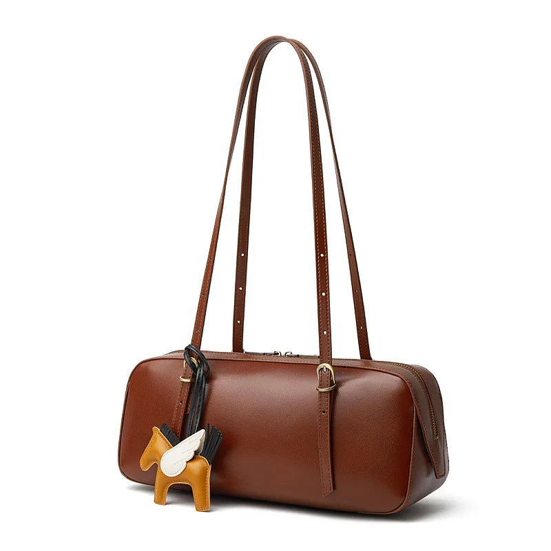 Genuine Leather Women Handbag Retro Bowling Bag Small Unique Vegetable Tanned Top Layer Cowhide Tote Bag