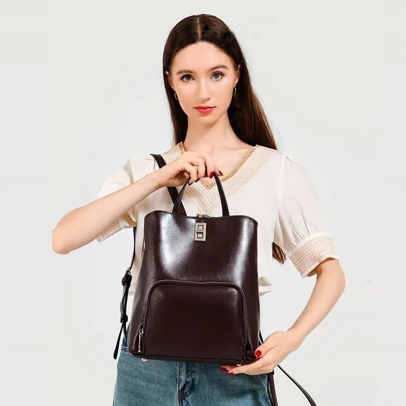 Genuine Leather Large Capacity Travel Tote Bag Fashion Handbag Retro Shoulder Bag Simple Commuter Backpack