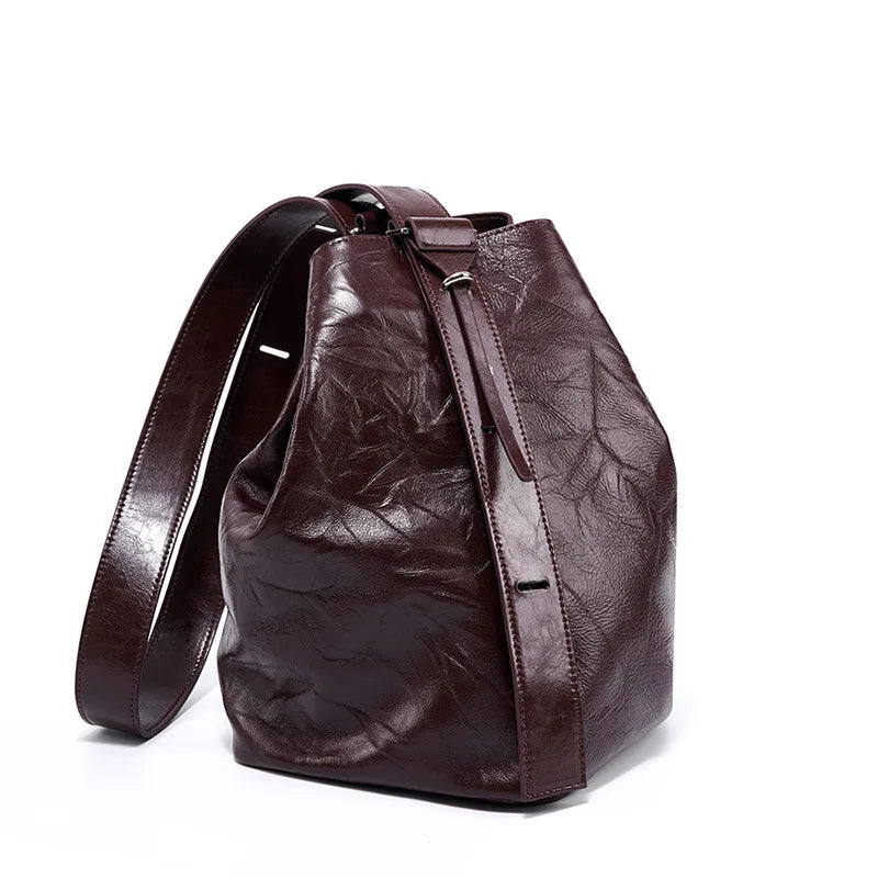 2025 New Soft Genuine Leather Pleated Bucket Bag for Women Autumn Winter Casual Tote Handbag