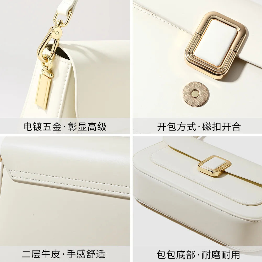 French Style Underarm Bag Genuine Leather Women's Shoulder Crossbody Small Square Bag Chic Minimalist Design