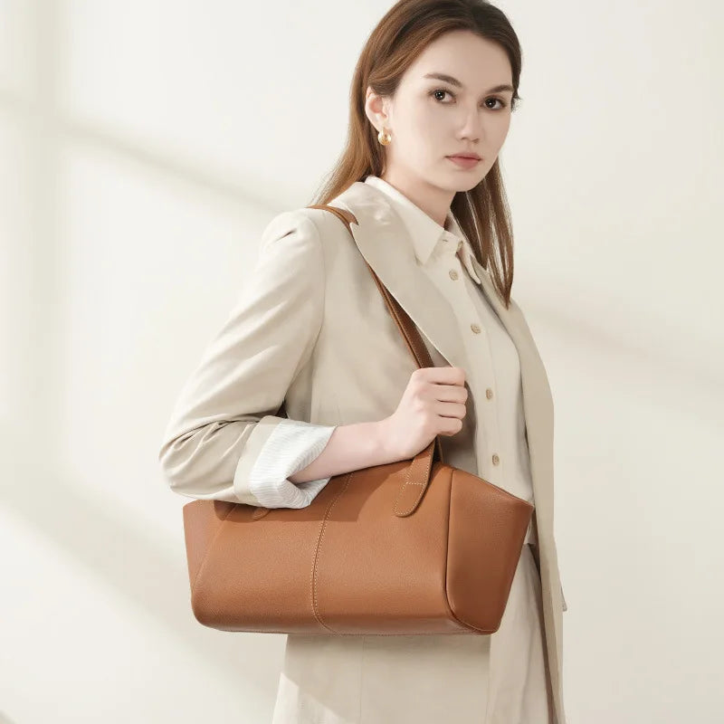Genuine Leather Tote Bag for Women 2025 Fashion Simple Niche Pleated Wing Bag Large Capacity Commuter Handbag