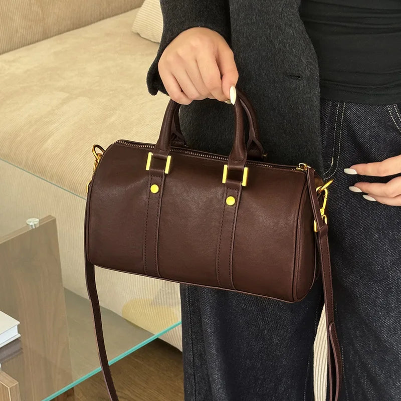 Genuine Leather Vintage Handbag Luxury Style Boston Bag Crossbody Tote for Women Vegetable Tanned Cowhide