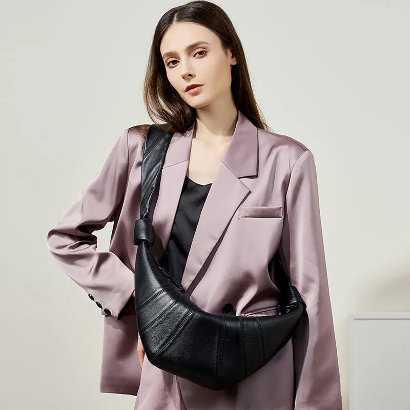 French Style Genuine Sheepskin Croissant Bag Soft Leather Hobo Shoulder Crossbody Bag for Women