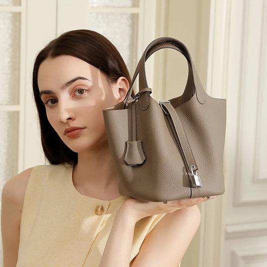 Women Genuine Leather Bucket Bag 2025 Fashion Handbag Litchi Pattern Tote Shoulder Bag Ladies Purse