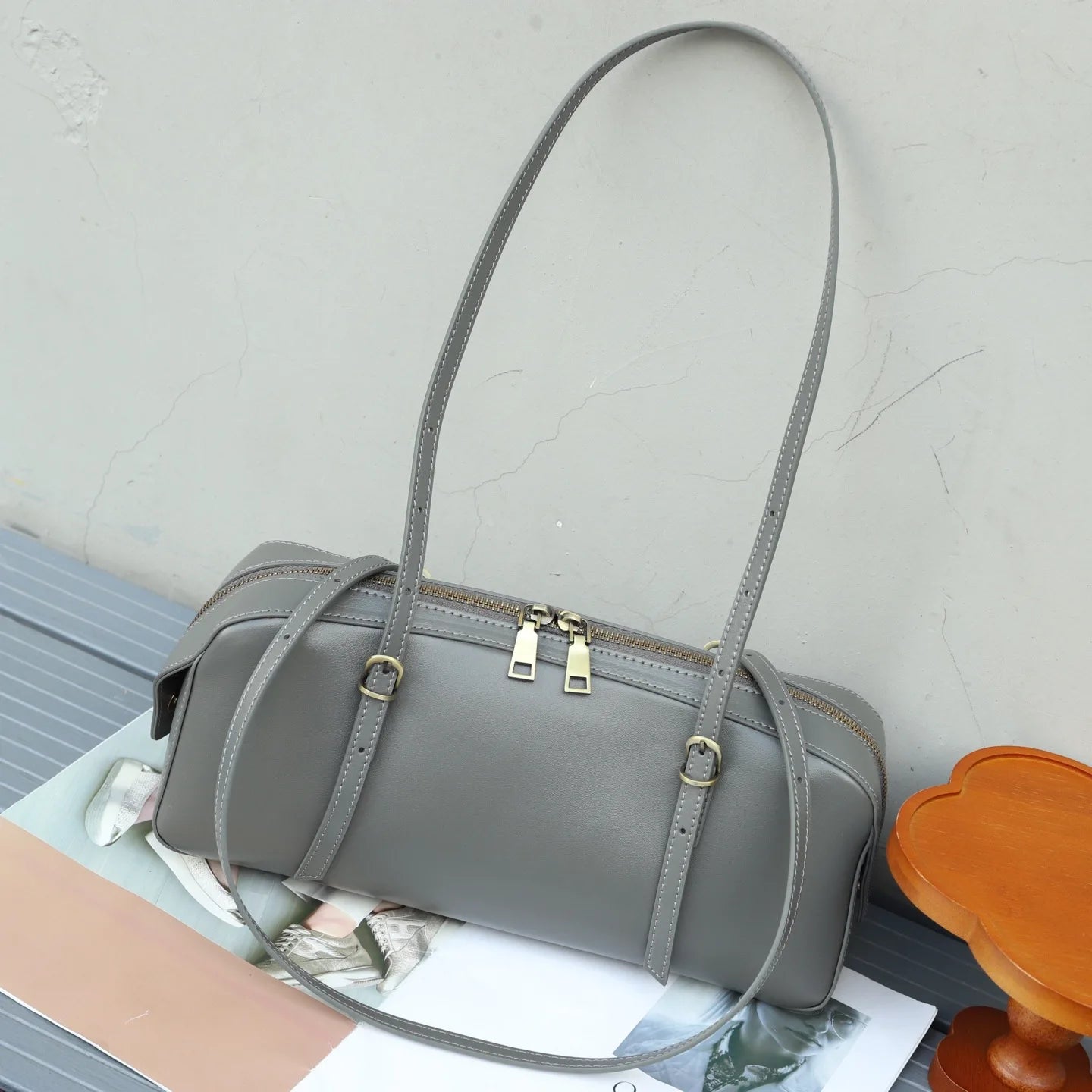 Genuine Leather Women Small Niche Vegetable Tanned Bowling Bag Simple Fashion Shoulder Crossbody Handbag 