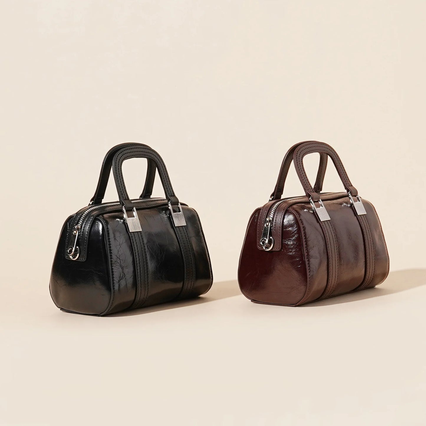 Genuine Leather Boston Bag for Women Top Layer Cowhide Shoulder Crossbody Handbag Simple Waxed Cracked Leather Tote