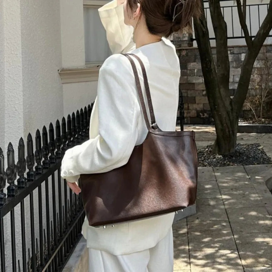 2025 Autumn Minimalist Leather Tote Bag Shoulder Handbag Large Capacity Women Underarm Carry Cowhide