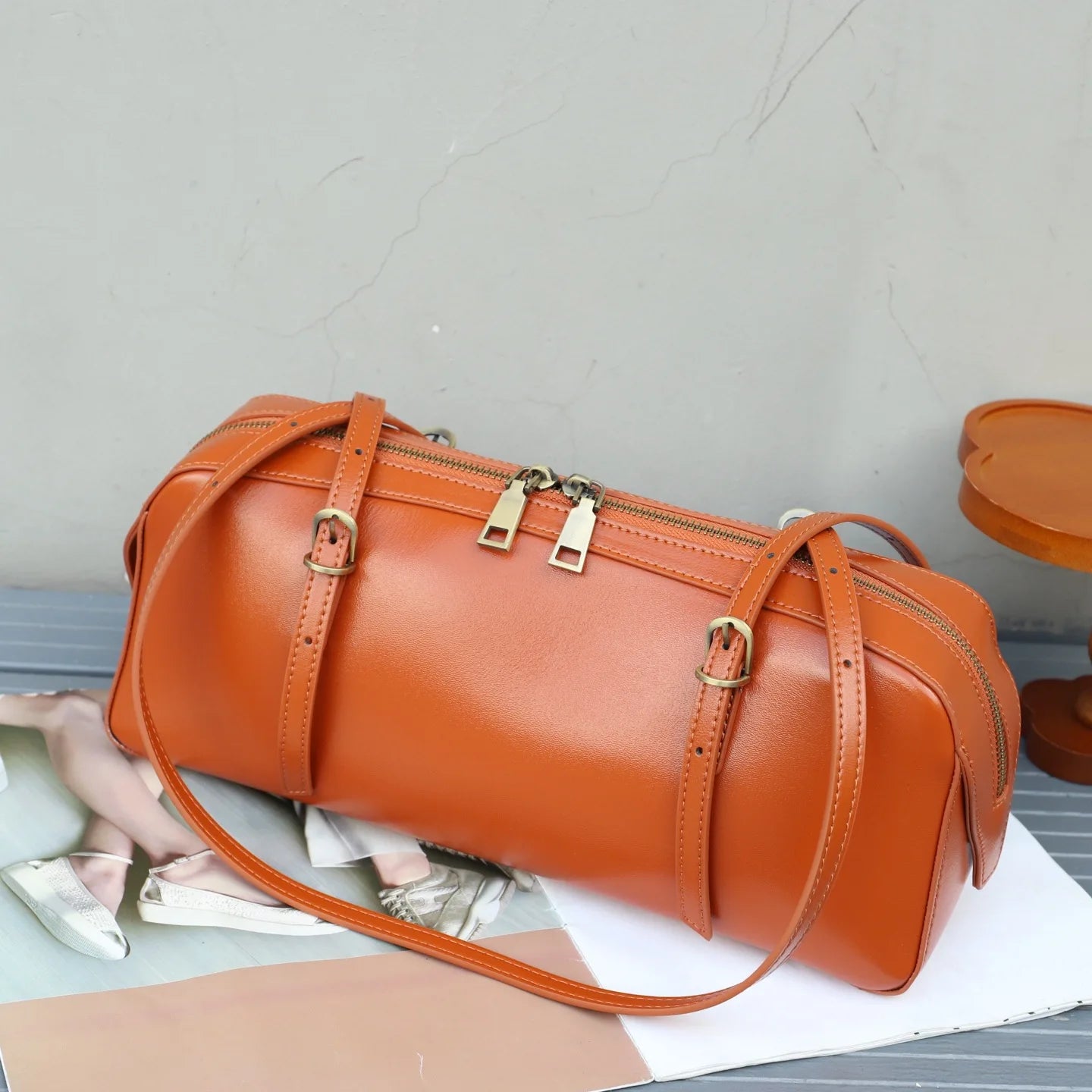 Genuine Leather Women Small Niche Vegetable Tanned Bowling Bag Simple Fashion Shoulder Crossbody Handbag 
