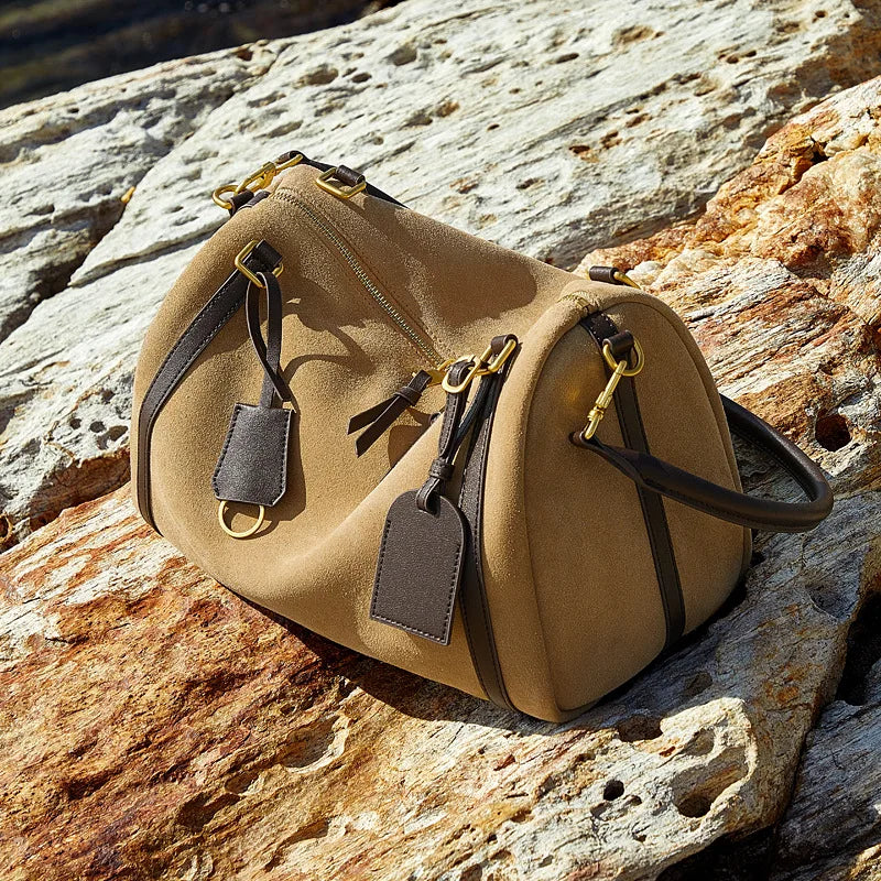 Matte Cowhide Bowling Bag Large Capacity Commuter Versatile Boston Shoulder Crossbody Suede Tote Bag for Women