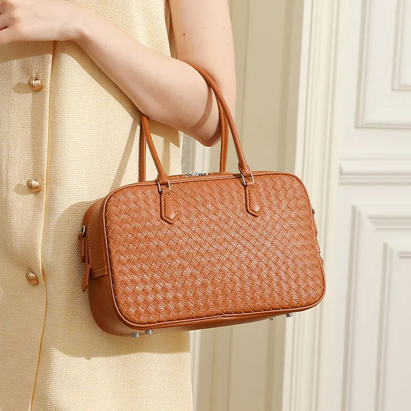 2025 Autumn Women Handmade Genuine Leather Woven Tote Shoulder Crossbody Bag for Work