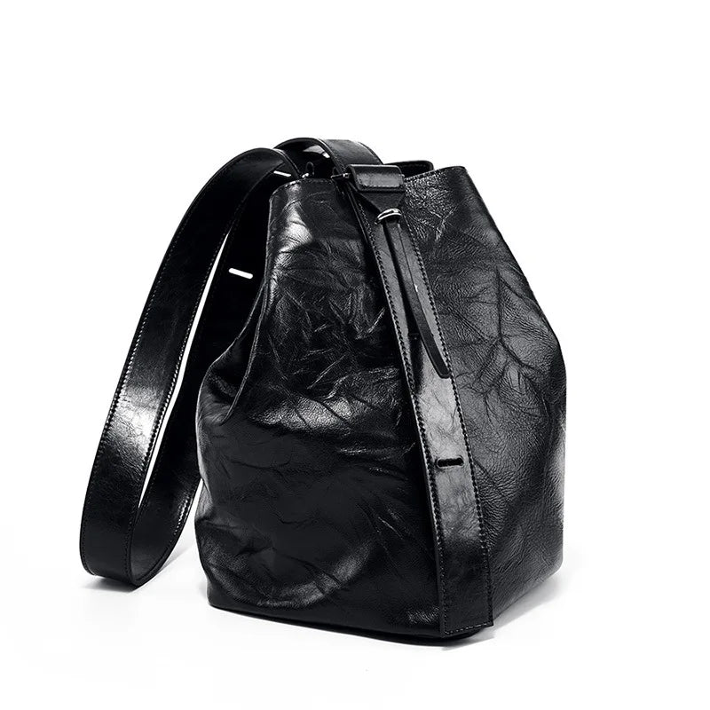 2025 New Soft Genuine Leather Pleated Bucket Bag for Women Autumn Winter Casual Tote Handbag