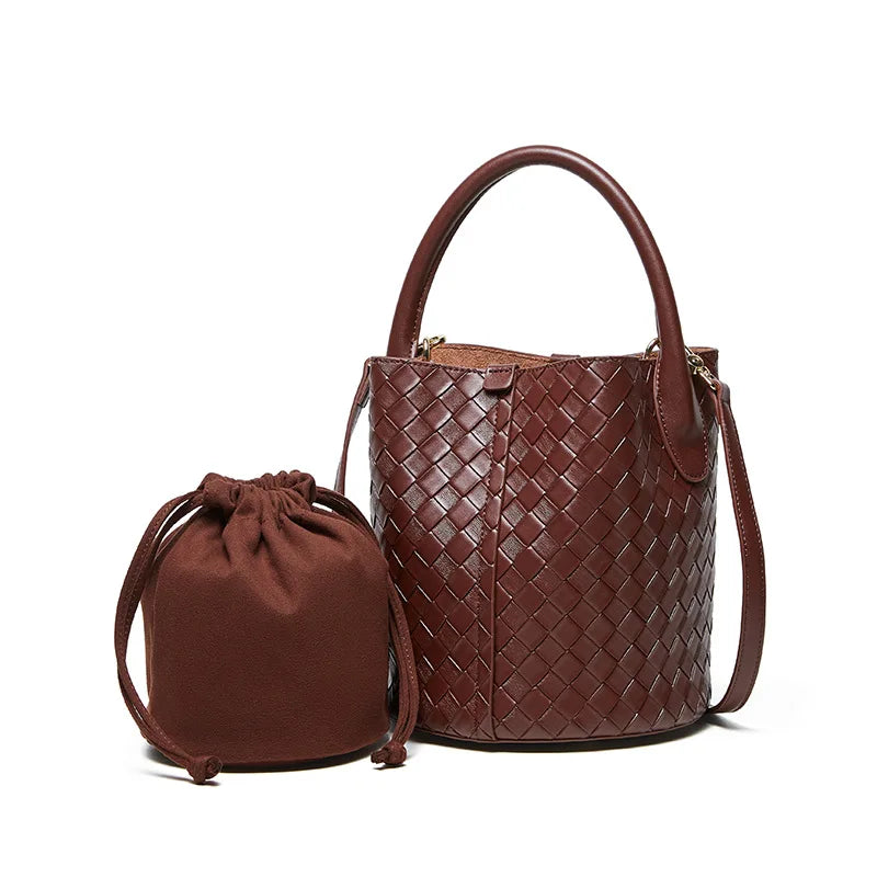 Women Genuine Leather Handbag 2025 New Woven Bucket Bag Shoulder Crossbody Tote Elegant Fashion Purse