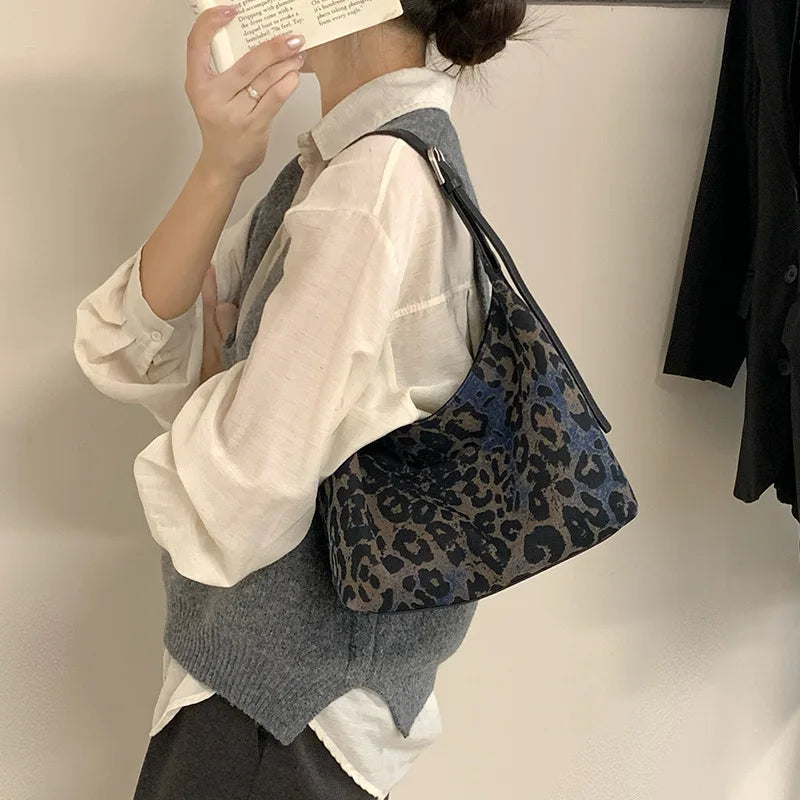 Denim Leopard Print Hobo Bag 2025 New Casual Crossbody Dumpling Shoulder Handbag Fashion Work Tote