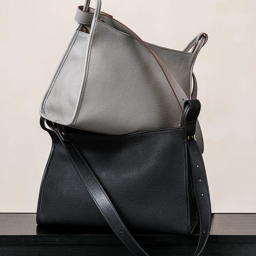 Simple Versatile Genuine Leather Women Handbag 2025 New First Layer Cowhide Tote Large Capacity Lychee Grain Shoulder Bag