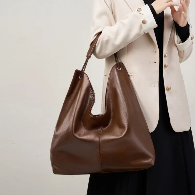 Genuine Leather Tote Bag Women's Handbag Large Capacity Shoulder Bag 2025 New Vegetable Tanned Cowhide Shoulder Underarm Bag