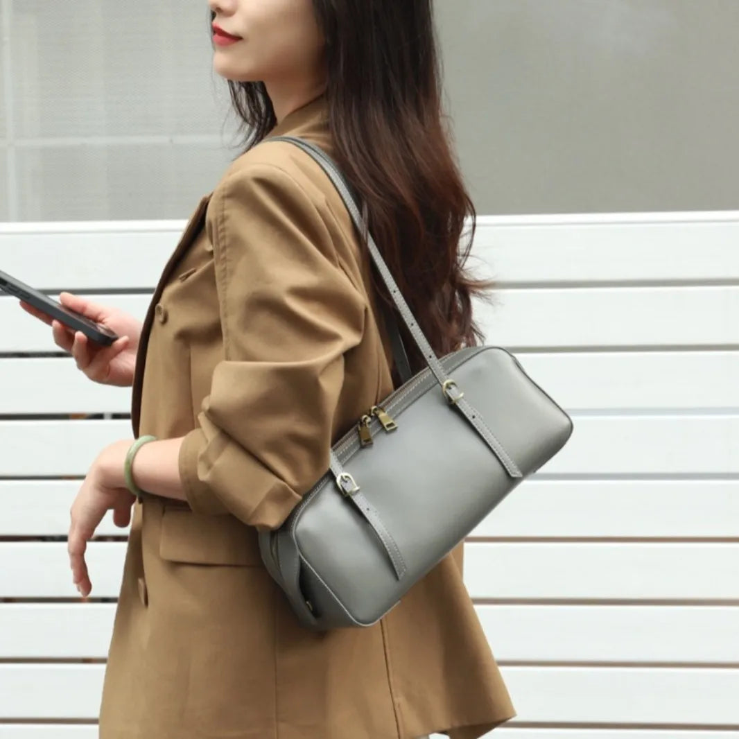 Genuine Leather Women Small Niche Vegetable Tanned Bowling Bag Simple Fashion Shoulder Crossbody Handbag 