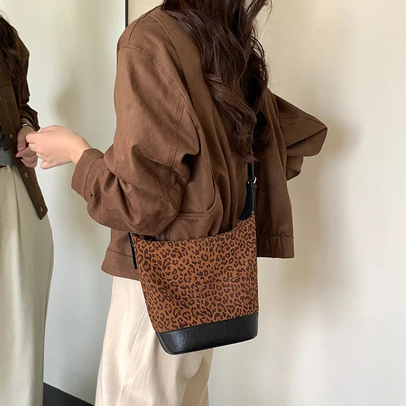 Wild Leopard Print Leather Bucket Bag 2025 New Suede Retro Genuine Leather Small Crossbody Bag for Women