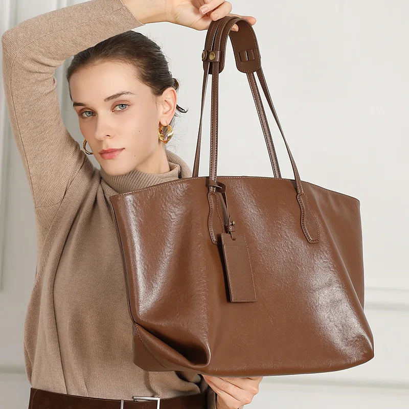 Genuine Leather Tote Bag for Women 2025 New Large Capacity Shoulder Bag Premium Texture Work Handbag