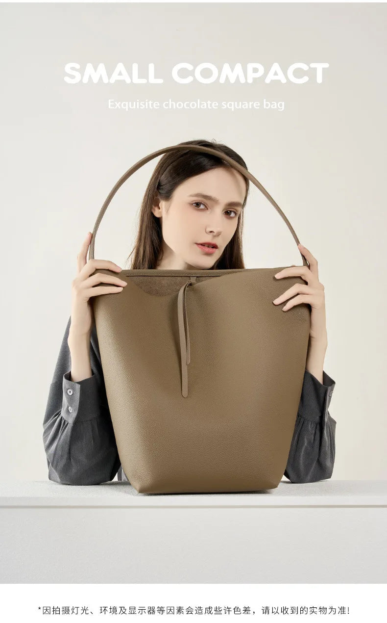 Luxury Genuine Leather Togo Bucket Bag Large Capacity Shoulder Tote Casual Japanese Korean Style