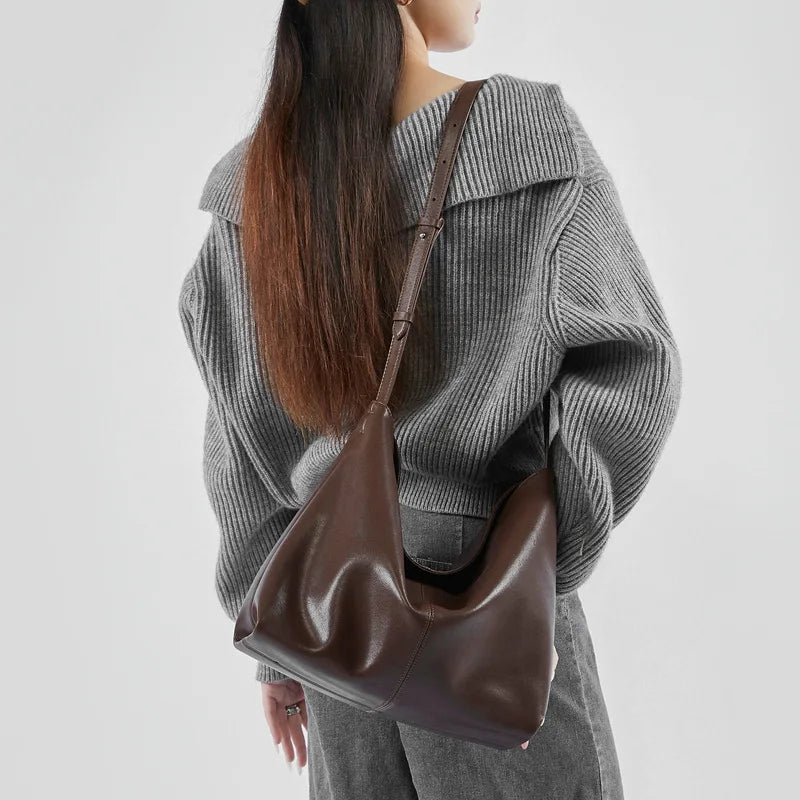 2025 New Genuine Leather Shoulder Bag for Women Large Capacity Hobo Tote Handbag Casual Commuter Bag