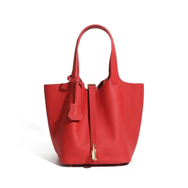 Large Genuine Leather Tote Bag High Quality First Layer Cowhide Elegant Bucket Handbag for Women 