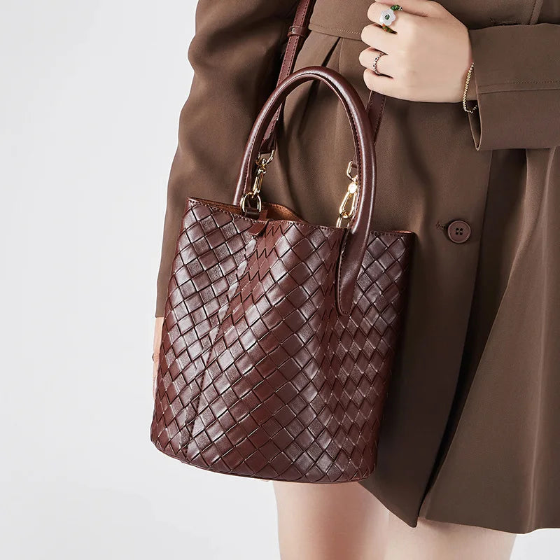 Women Genuine Leather Handbag 2025 New Woven Bucket Bag Shoulder Crossbody Tote Elegant Fashion Purse