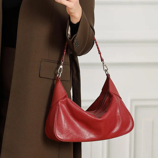 New Crystal Vegetable Tanned Leather Hobo Bag for Women Versatile Handbag Shoulder Crossbody Work Underarm Bag