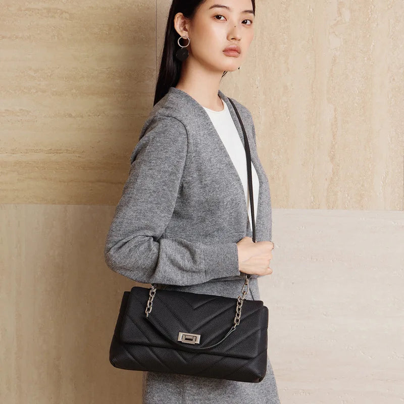 Genuine Leather Women's Shoulder Bag Natural Grain Chain Crossbody Bag Fashion Small Flap Handbag