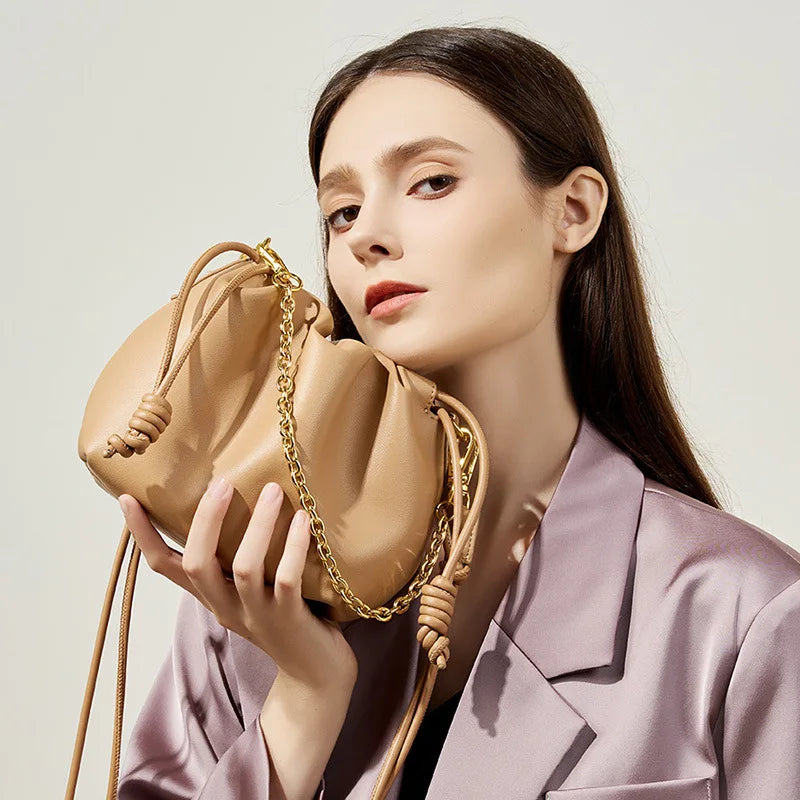 Genuine Leather Crossbody Bag Women's Handbags Cowhide Chain Bucket Bag Lucky Cloud Bag Ladies Soft Mini Handbags