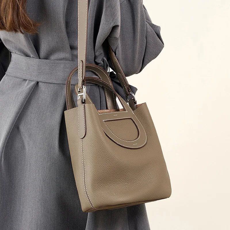 2025 New Genuine Leather Bucket Bag Women Tote Shoulder Crossbody Handbag Fashion Togo Cowhide Purse