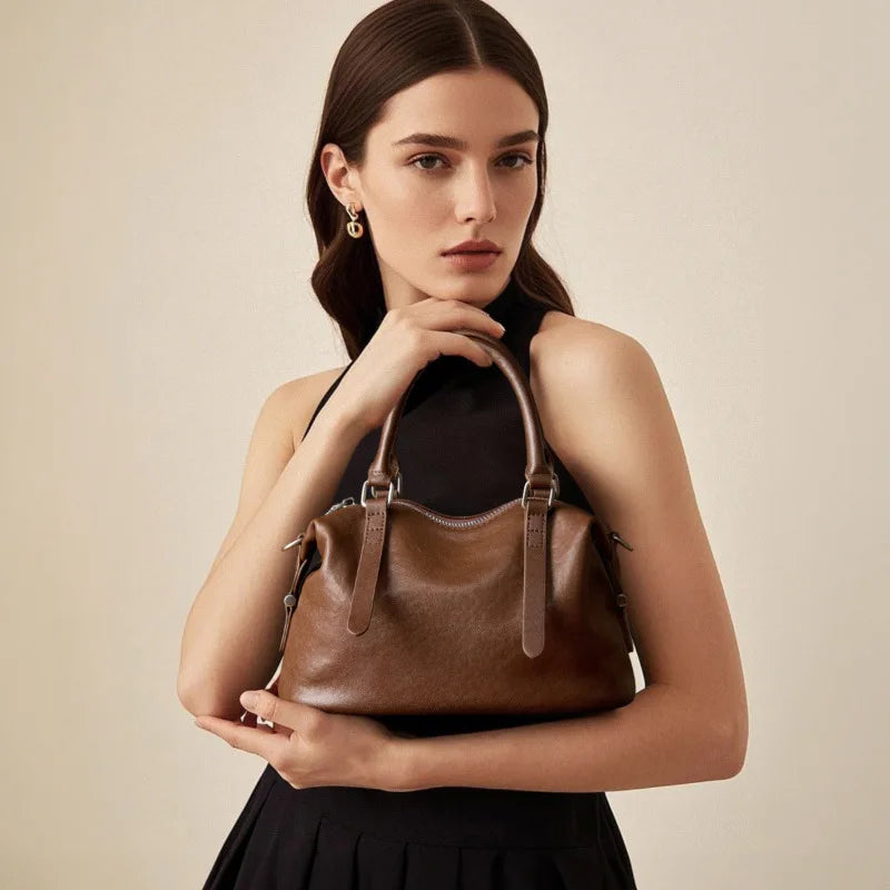 Genuine Leather Top Layer Tanned Handbag 2025 New Fashion Women Vintage Versatile Pillow Bag Ladies Tote