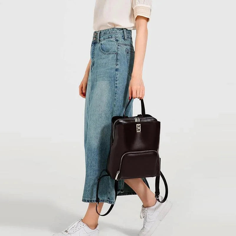 Genuine Leather Large Capacity Travel Tote Bag Fashion Handbag Retro Shoulder Bag Simple Commuter Backpack