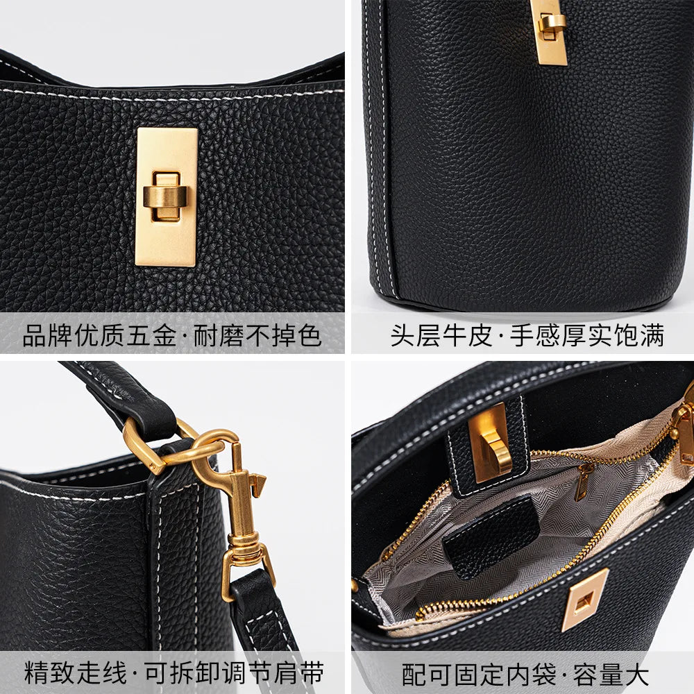 Hot Selling Genuine Leather Bucket Bag Luxury Shoulder Tote Large Capacity Vintage Crossbody Handbag for Women