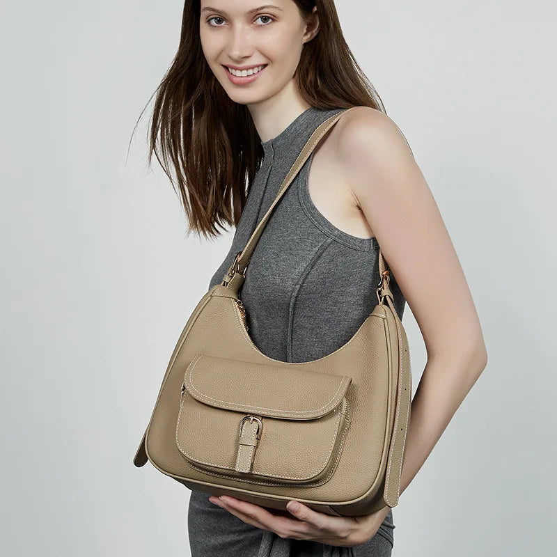 Genuine Leather Shoulder Tote Bag for Women Large Capacity Underarm Saddle Bag Office Commuter Handbag