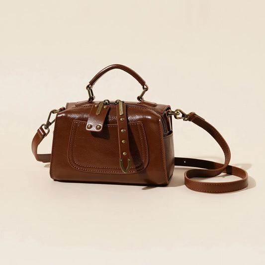 Spring Summer Genuine Leather Boston Pillow Bag Fashion Casual Handbag Vegetable Tanned Cowhide Shoulder Crossbody Bag for Women