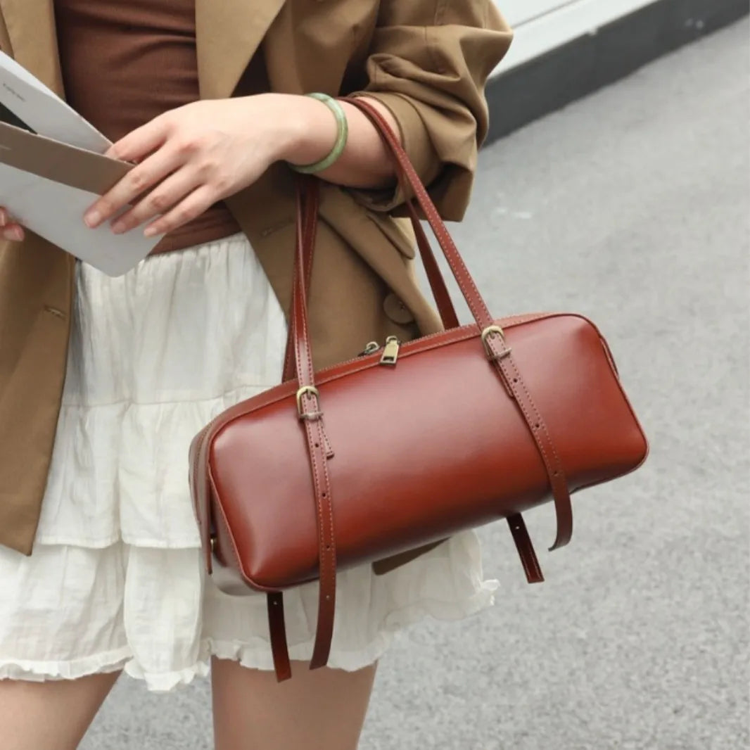 Genuine Leather Women Small Niche Vegetable Tanned Bowling Bag Simple Fashion Shoulder Crossbody Handbag 