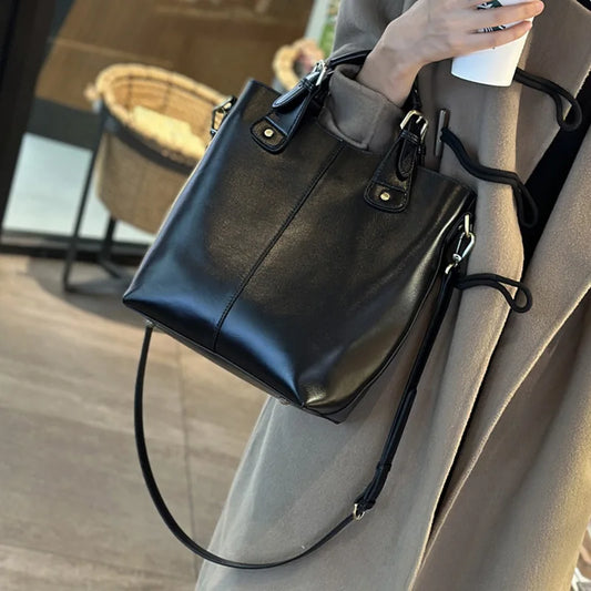 2025 New Fashion Vintage Large Handbag Women Soft Leather Bucket Bag Shoulder Crossbody Tote Spring Summer
